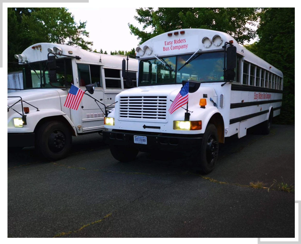 Buses decorated with American flags