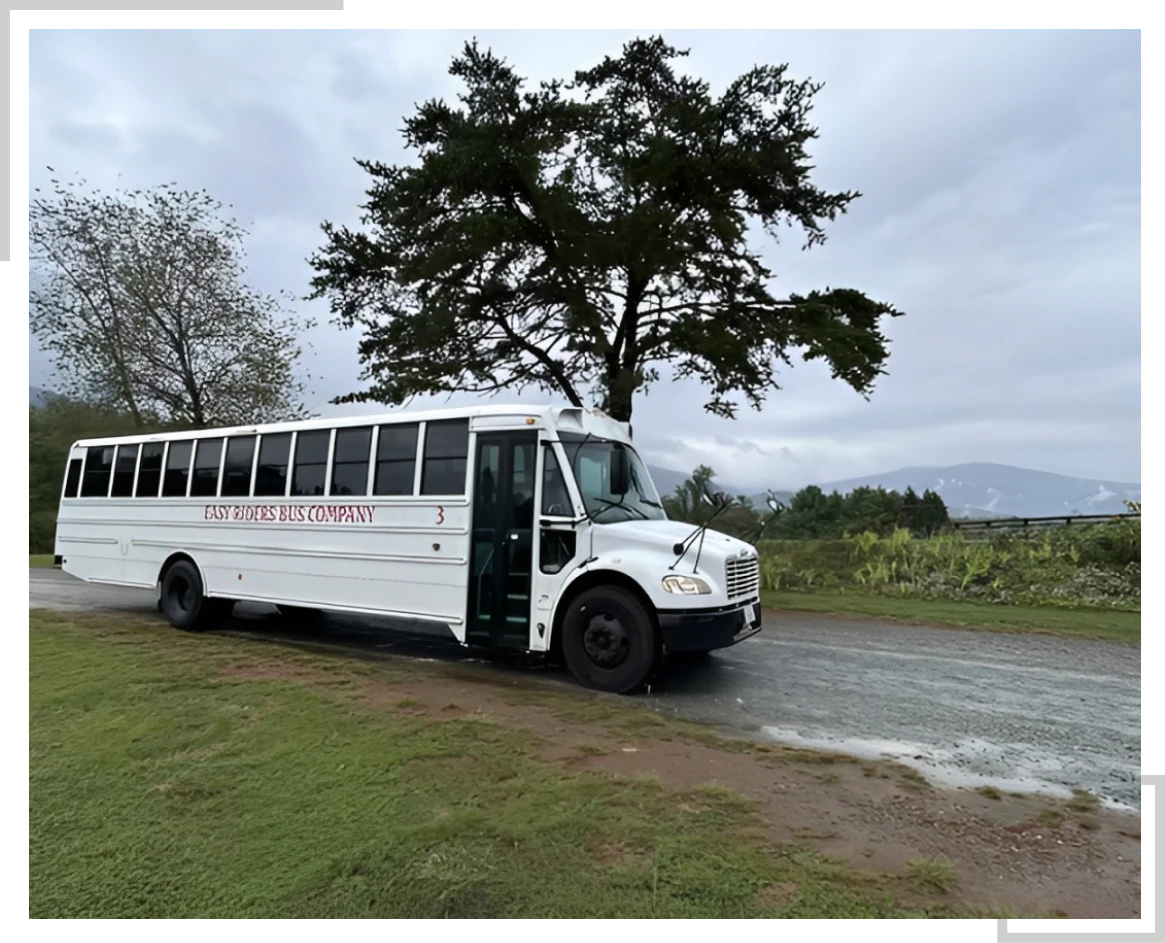 School bus near countryside landscape