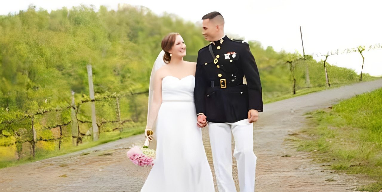 Bride and groom walking outdoors